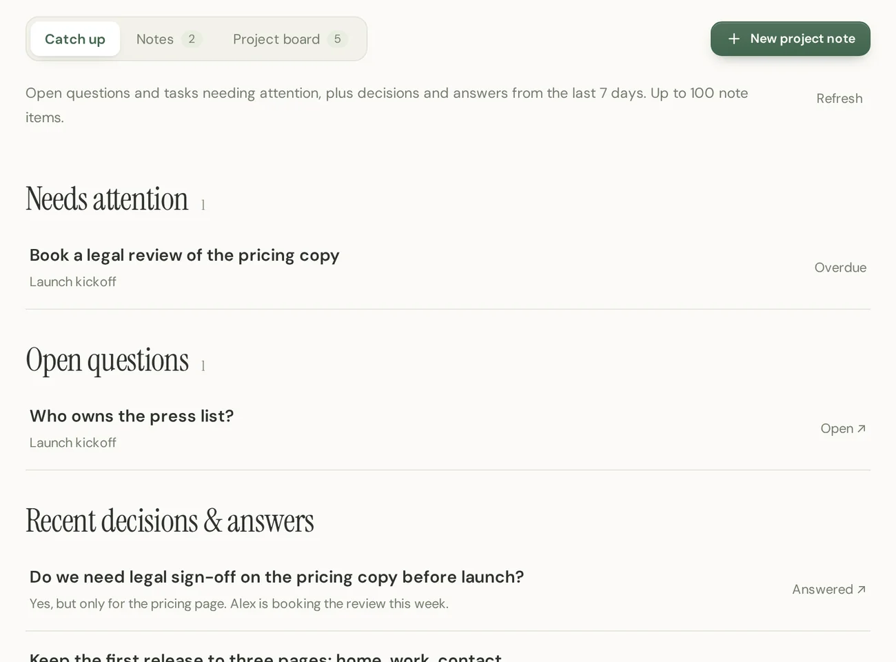 The Spring launch catch-up view listing an overdue task, two open questions and recent decisions.