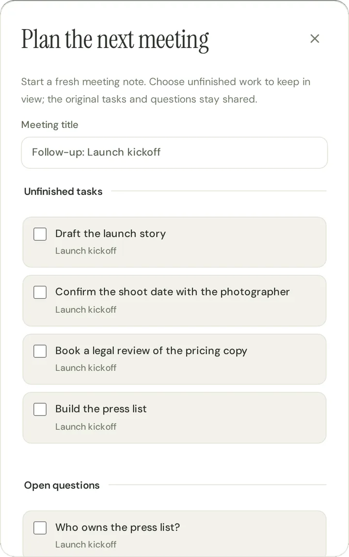 The Plan the next meeting dialog, listing unfinished tasks and open questions that can be carried into a new meeting note.
